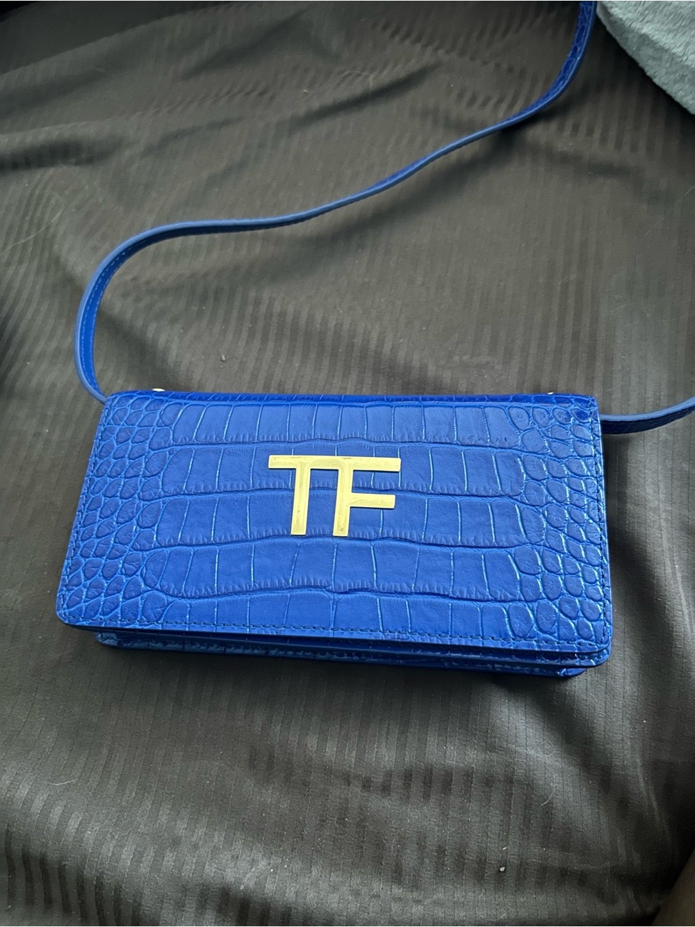Tom Ford mini Electric Blue Croc-Embossed Crossbody with Gold TF Logo